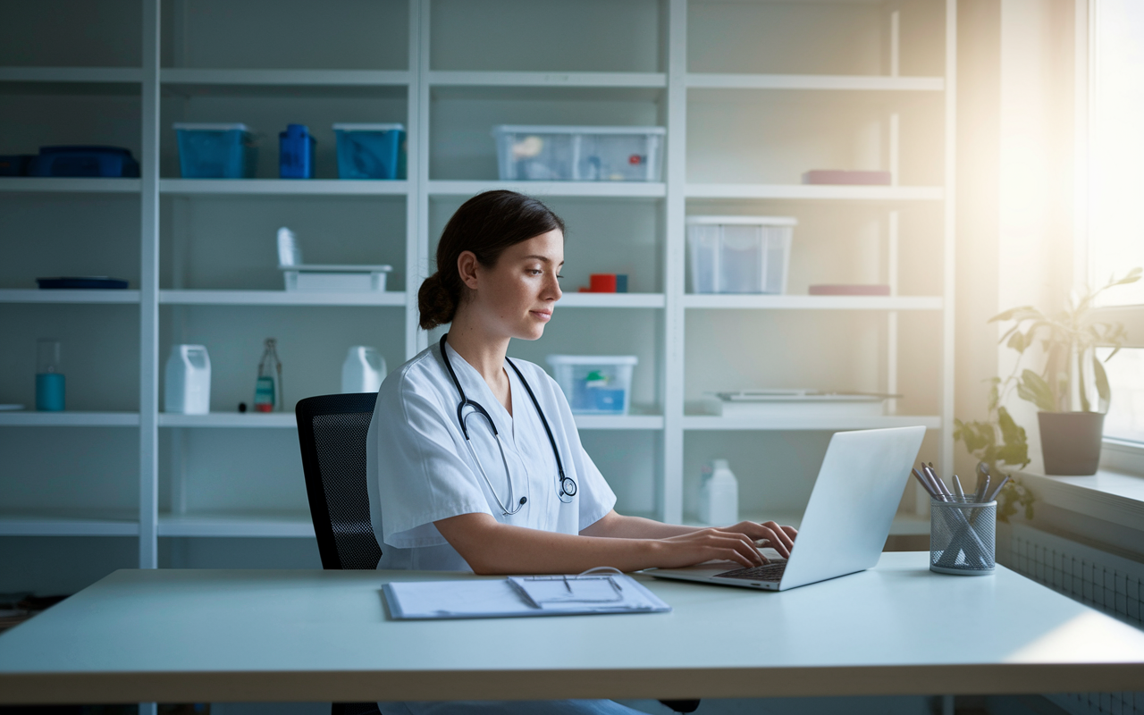 An inspiring, clutter-free residency office showing a resident sitting at a clean desk with a laptop open, focused on work. The image highlights a serene environment with bright lighting, minimal decorations, and organized medical supplies. Soft sunlight filters in through a window, offering a sense of calm and clarity. The background shows tidy shelves with neatly arranged medical equipment, emphasizing the importance of organization and its impact on productivity and well-being.