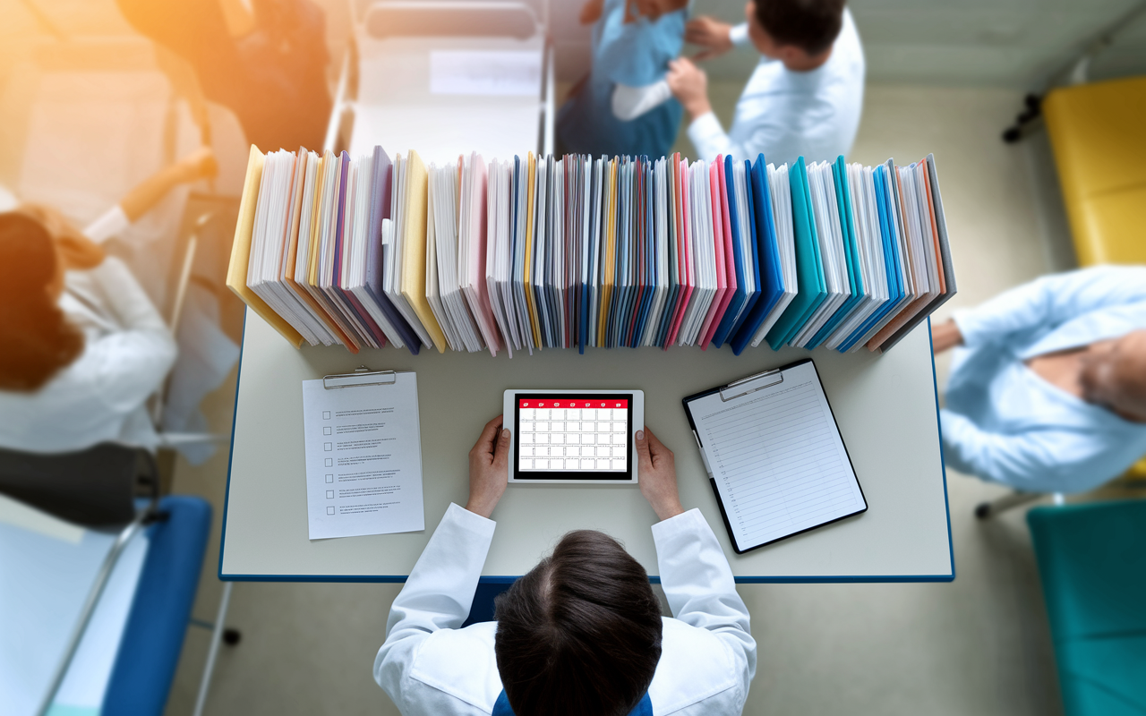 An overhead view of a medical resident's workspace featuring neatly organized patient files, a color-coded digital calendar on a tablet screen, and a checklist of daily tasks pinned above their desk. The background shows hints of a bustling hospital with medical staff moving and patients in care, all captured in soft focus. The lighting creates a warm and inviting atmosphere that highlights the importance of organization in improving efficiency and patient care, giving a sense of structure amidst chaos.