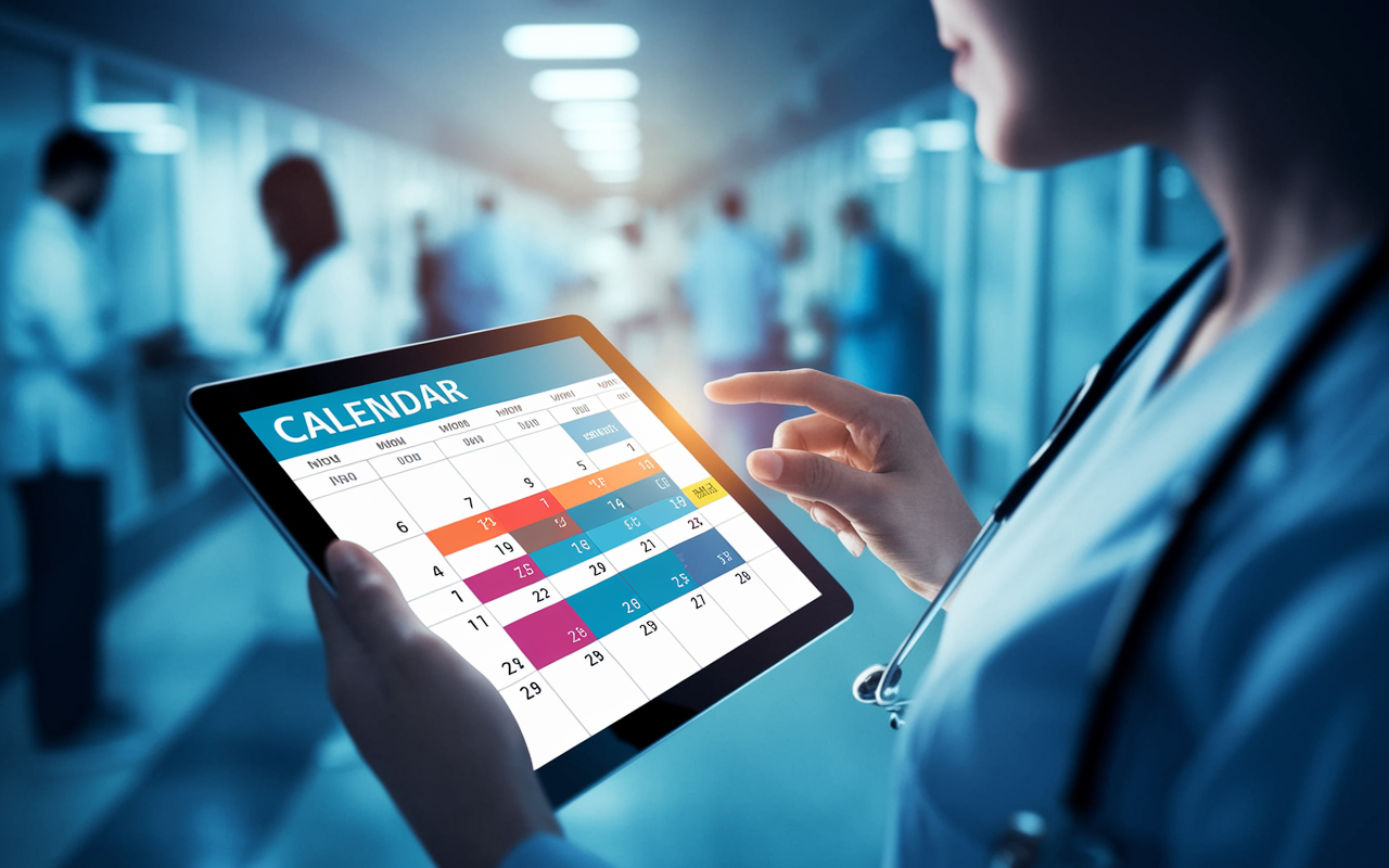 A close-up of a digital calendar interface on a tablet, showcasing color-coded events for clinical duties and personal commitments. The background hints at a busy hospital corridor with medical staff working, creating a vibrant and dynamic environment. The screen glows softly, illuminating the resident's focused expression while using the calendar to manage their time effectively, emphasizing modern tools in medical organization.