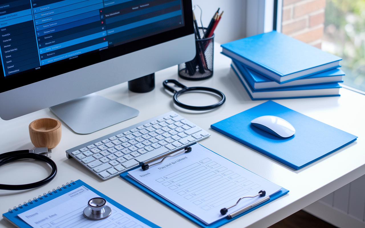 An organized work desk featuring a computer screen displaying patient data on EHR software, with checklists for patient rounds neatly laid out next to a stethoscope and medical textbooks. The lighting is bright and clinical, highlighting the importance of organization in delivering effective patient care. The scene is bustling but orderly, reflecting the efficiency required in a medical environment.