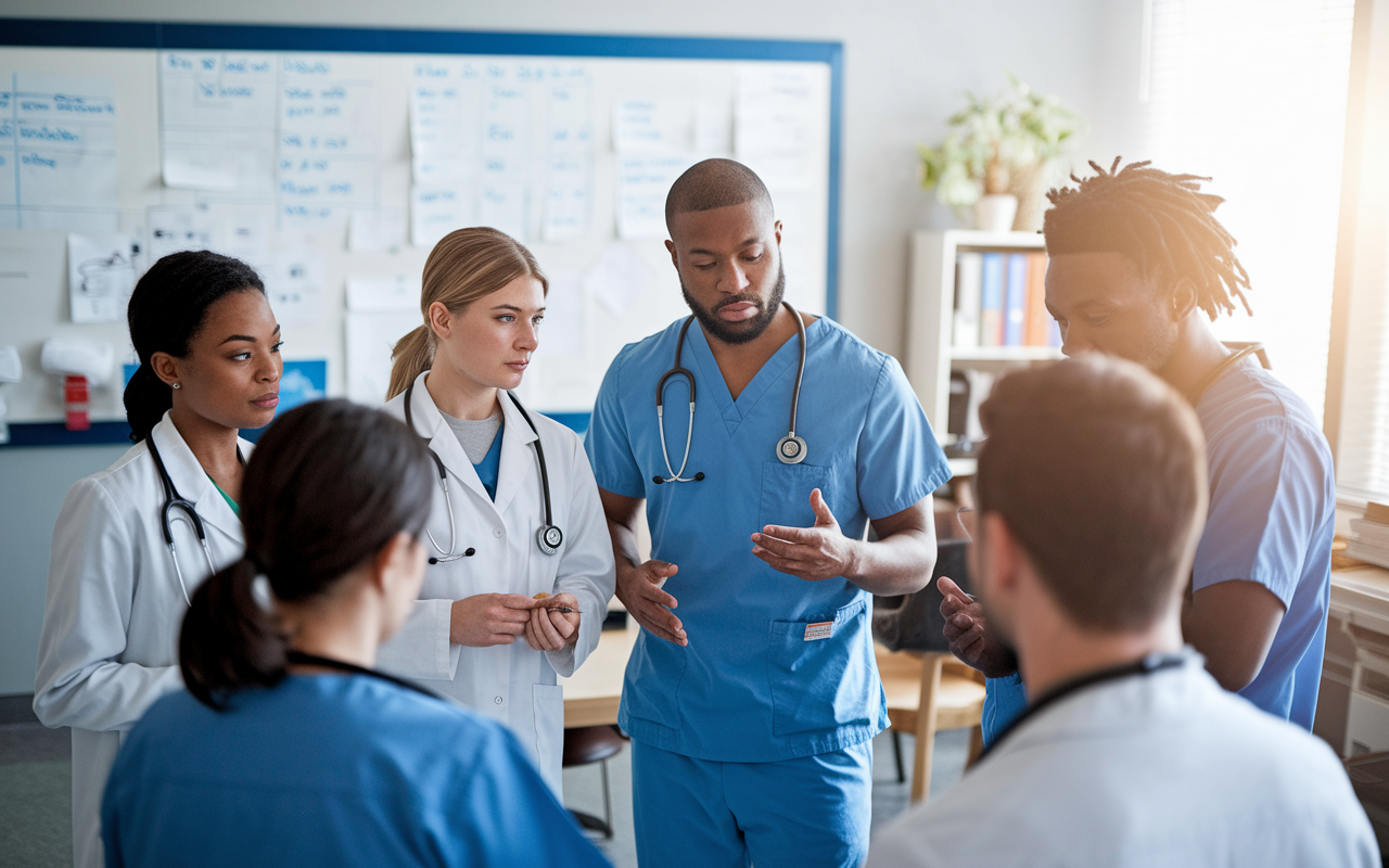 A group of medical residents engaged in a morning huddle, looking focused while discussing daily priorities. The setting is a hospital breakroom, with a large whiteboard filled with notes and diagrams in the background. Bright natural light filters in, conveying a collaborative atmosphere filled with teamwork and support, emphasizing the necessity of communication in a busy medical environment.