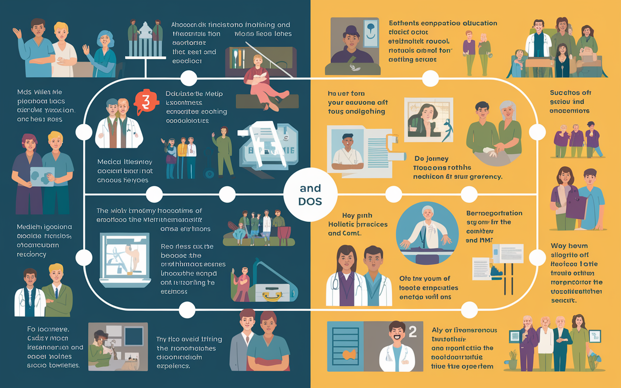 A visual representation of the educational pathways for MDs and DOs, depicted as a timeline. On one side, the MD pathway highlights key milestones such as undergraduate education, medical school with a focus on allopathic training, and residency; on the other, the DO journey emphasizes the incorporation of holistic practices and OMT from the beginning. The timeline is vibrant and informative, filled with icons and illustrations reflecting the medical education experience.