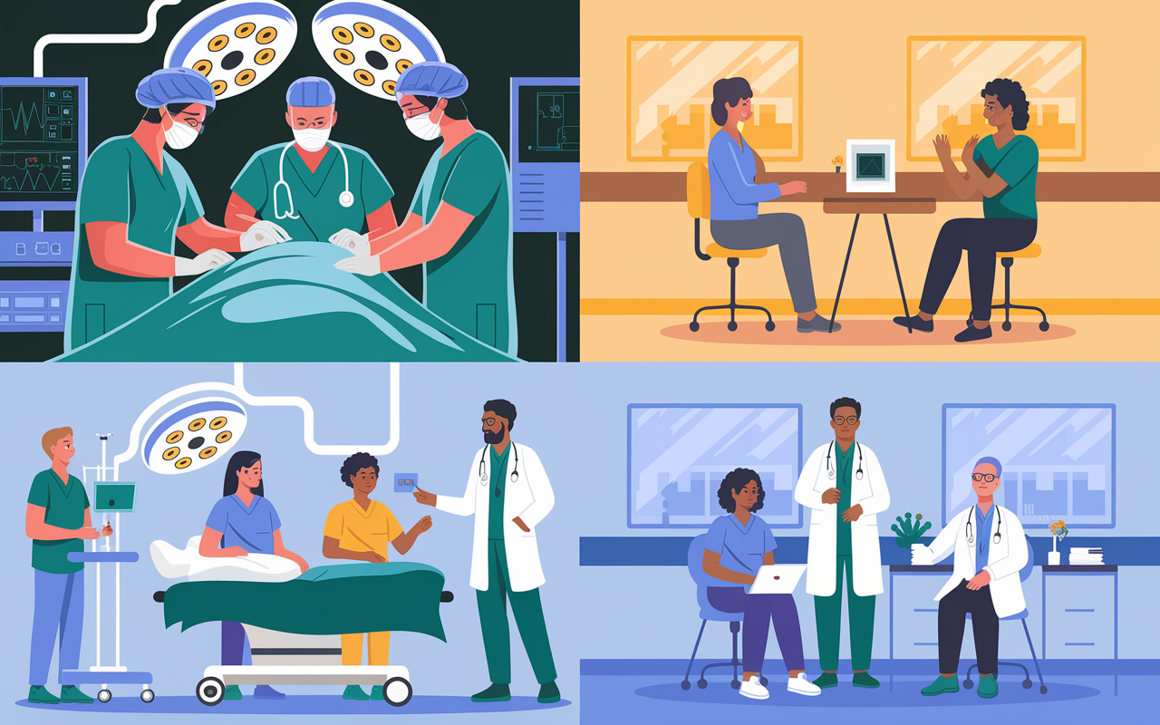 An illustration showcasing a bustling hospital environment featuring diverse healthcare professionals, including MDs in surgical scrubs performing a high-stakes surgery, and DOs in a comforting family practice setting discussing lifestyle changes with patients. The two contrasting environments capture the essence of specialization and holistic care, with vivid colors and dynamic activity that convey the intensity and compassion in healthcare.