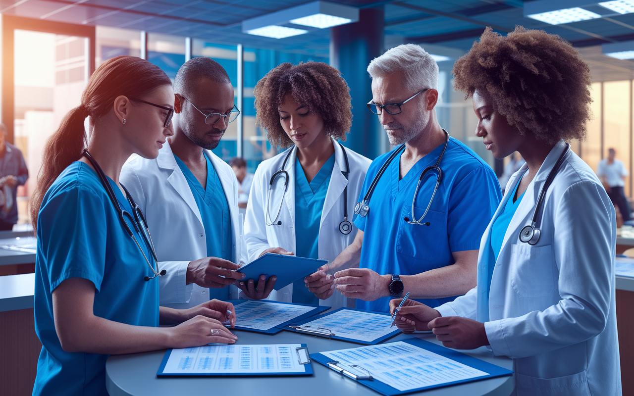 A vibrant scene showcasing a multi-disciplinary healthcare team composed of both DOs and MDs working together in a modern hospital setting. The image captures them in action, discussing patient cases, looking at medical charts and high-tech displays, with a focus on collaboration. The artistic style combines realism with a warm palette, highlighting the compassion and synergy of different medical philosophies within patient care.