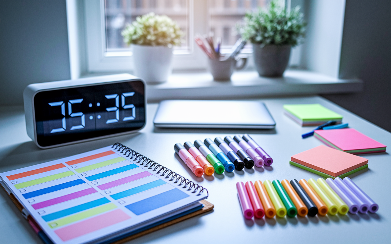 An organized planner with color-coded sections for different subjects, next to a digital clock showing productive study hours. The desk is filled with a neatly arranged set of highlighters, sticky notes, and a laptop. The background shows a peaceful study environment, perhaps a window view with natural light streaming in, symbolizing clarity and focus.