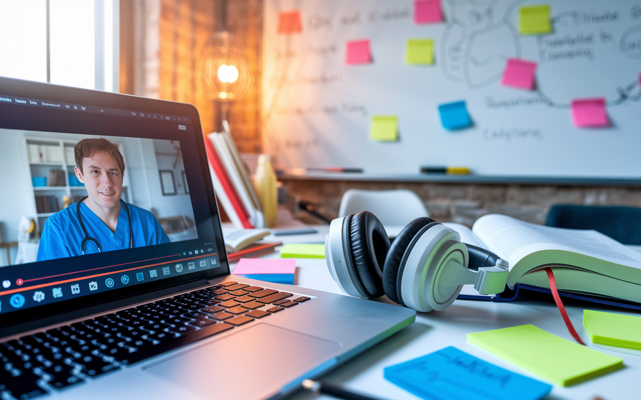 A close-up of a laptop screen displaying a medical educational video, beside an open textbook and headphones. The study space is dynamic and lively with colorful post-it notes and a whiteboard filled with concepts and diagrams reflecting active engagement. Warm, inviting lighting enhances the feeling of a productive learning session.