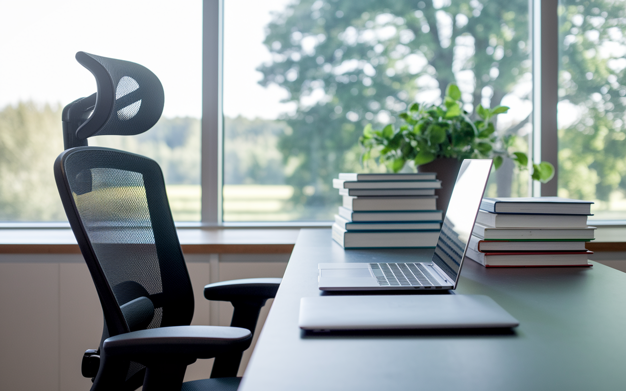 A well-organized study desk with an ergonomic chair, a laptop, and neatly stacked books. The background features a serene window view showcasing nature, with a plant on the desk and bright, natural light illuminating the space. The environment radiates calmness and focus, creating an ideal study ambiance.