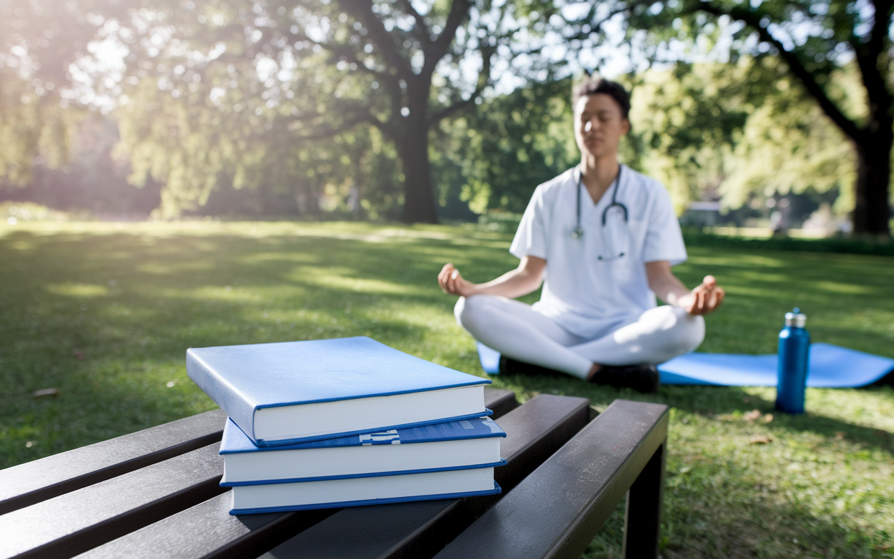 A serene scene of a medical student meditating in a park, surrounded by nature, with a yoga mat and a water bottle beside them. Nearby, a stack of medical books lays open on a bench, reflecting the balance of study and self-care. The sunlight filters through the trees, creating a peaceful atmosphere that embodies relaxation and rejuvenation.