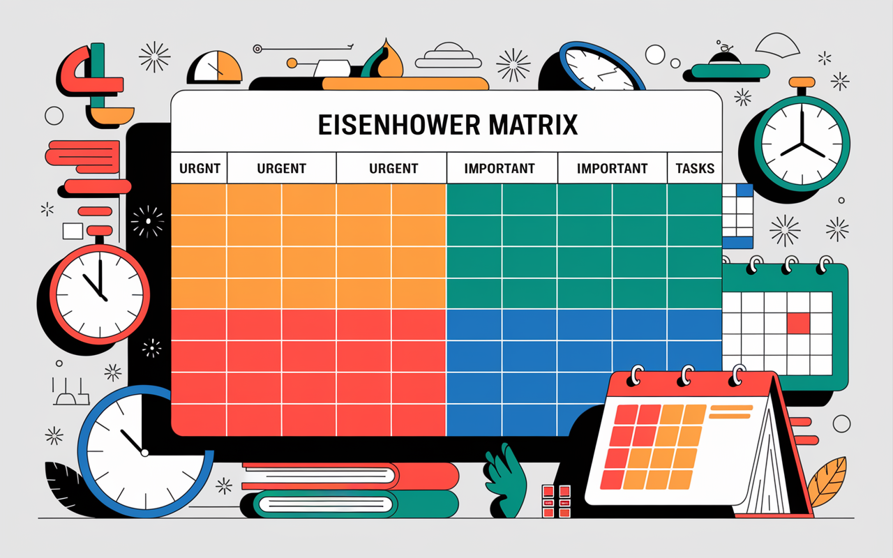 A visually appealing illustration of the Eisenhower Matrix, with color-coded quadrants detailing urgent and important tasks. The background includes metaphorical symbols of time management, such as clocks, calendars, and books. The matrix is vibrant and modern, promoting clarity in productivity techniques with a focus on educational content.