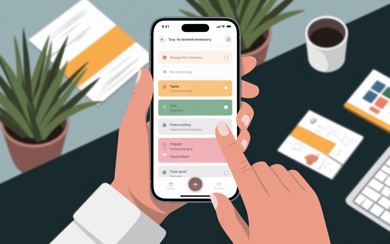 A person interacting with a digital productivity app on a smartphone, showcasing a clean interface with tasks, reminders, and color-coded labels. The background includes a cozy workspace with plants and soft lighting, promoting a relaxed yet focused environment. This modern depiction emphasizes the use of technology for effective scheduling during residency.