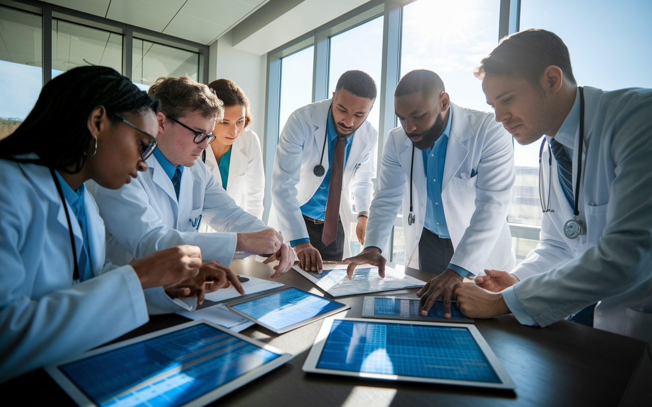 A group of residents in a modern hospital conference room, eagerly discussing a complex patient case while examining charts and digital displays. The room is filled with a sense of camaraderie, large windows letting in daylight, highlighting their engaged expressions and shared passion for medicine.