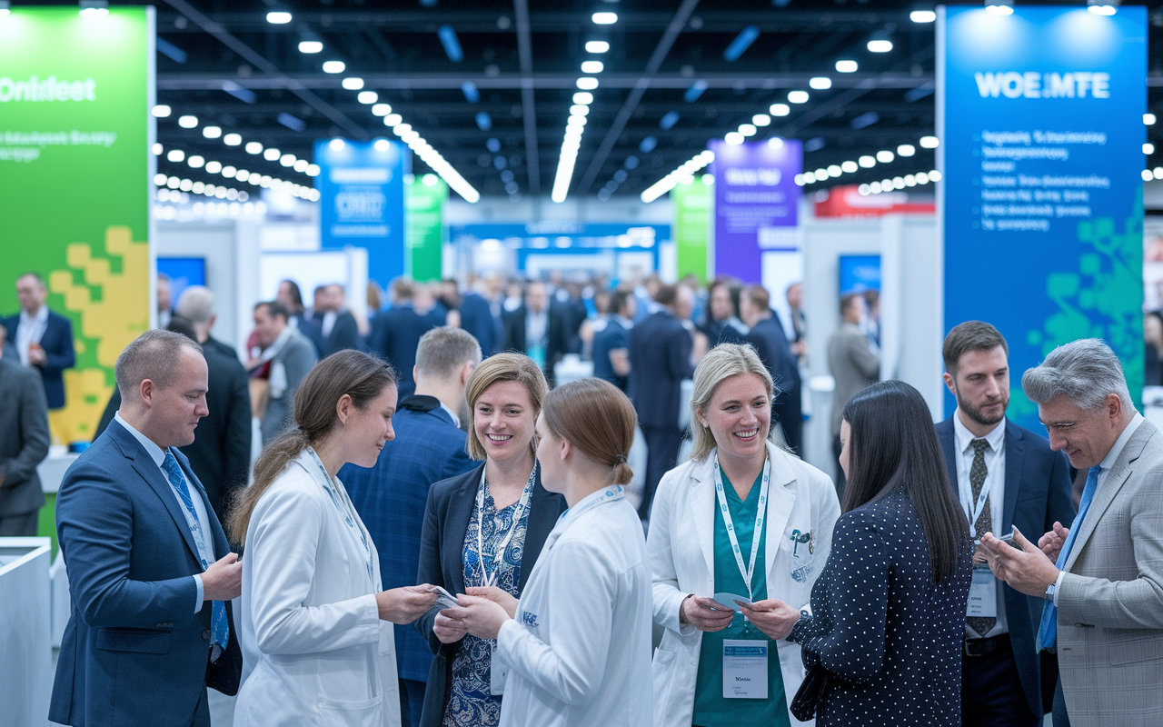 A vibrant scene of a medical conference with attendees exchanging ideas and business cards in a bustling exhibit area. Bright banners and booths are in the backdrop, while diverse medical professionals engage in animated discussions, showcasing a dynamic networking environment filled with energy.