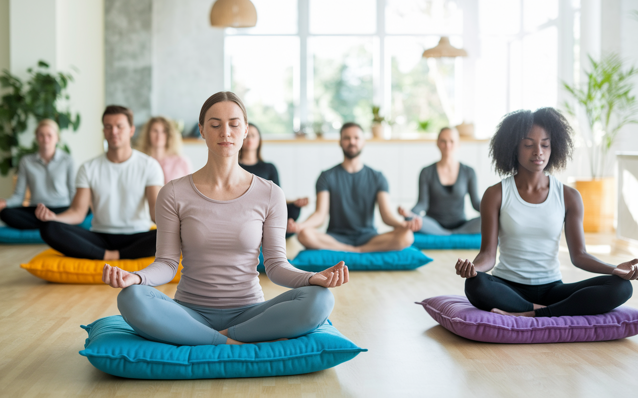 A serene scene showing multiple residents engaging in a mindfulness class in a bright, calming environment. Soft cushions and warm natural light fill the space as diverse faces reflect relaxation and focus, underlining the importance of mental wellness during residency.