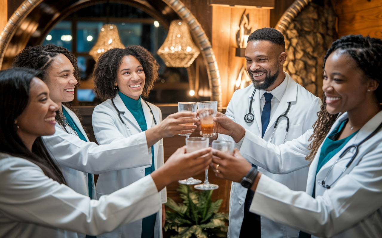 A group of medical residents gathered in a celebratory atmosphere, clinking glasses in a cozy setting, with tangible happiness and camaraderie visible on their faces. Ornate decorations and a warm ambiance elevate the moment, symbolizing the importance of celebrating both personal and collective achievements throughout residency.