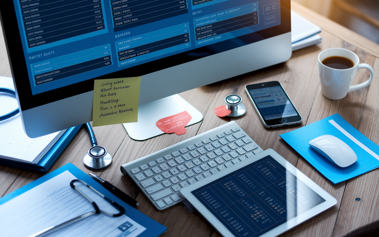 A visually detailed representation of various digital management tools used in healthcare, including EHR screens showing patient data on a computer monitor, a smartphone displaying a medical app, and a tablet with a note-taking interface. The devices are surrounded by medical notes, charts, and stethoscopes to signify the integration of technology in modern healthcare practices. Soft lighting creates a professional atmosphere, emphasizing accuracy and efficiency.