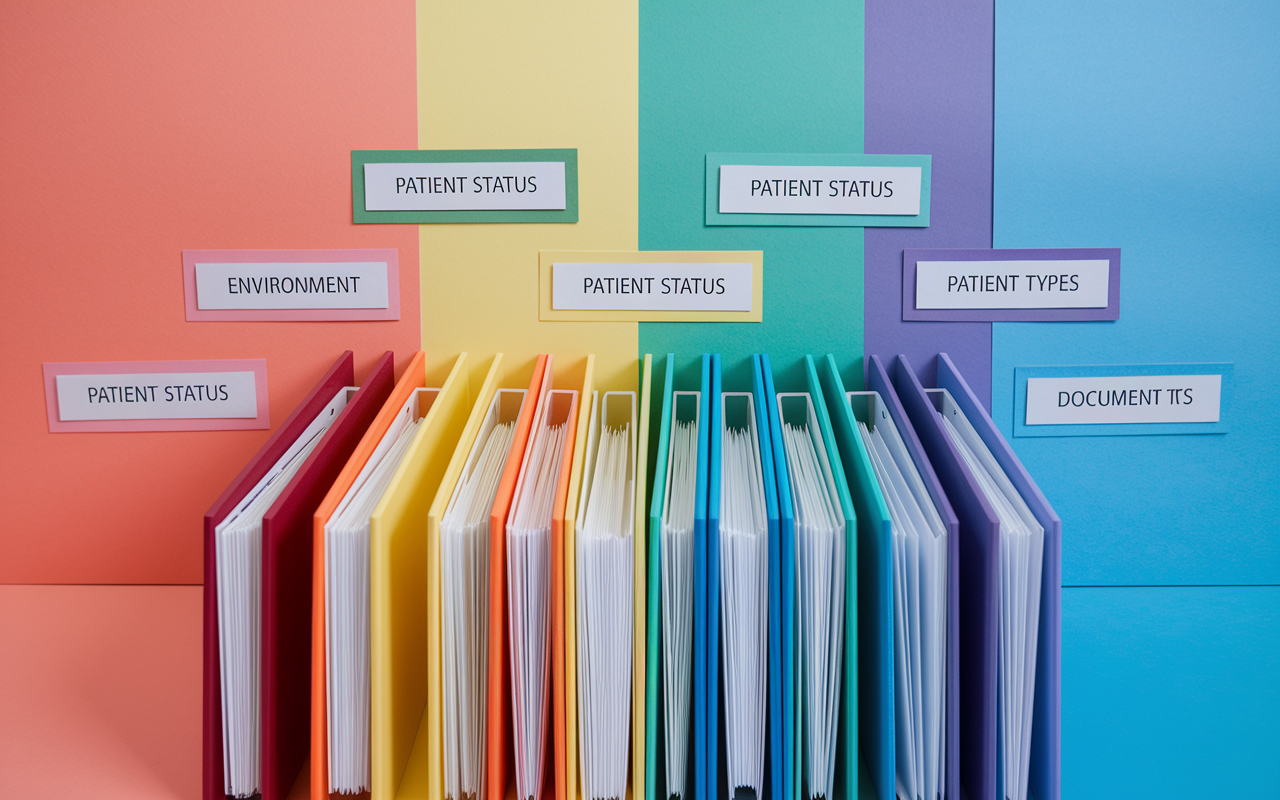 An organized workspace featuring color-coded patient charts and notes against a vibrant background. Different colored folders and digital files are prominently displayed, labeled with clear identifiers indicating patient status and document types. The image conveys a methodical environment where efficiency meets organization, enhanced by bright, inviting colors that signal urgency and clarity.