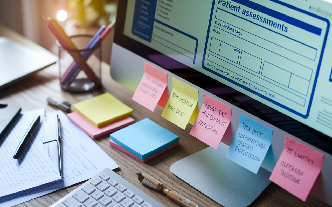 A close-up view of a computer screen displaying a digital template used for patient assessments, surrounded by colorful sticky notes and printed out charts. The screen shows a user-friendly interface with fields ready to be filled in, illustrating the ease of documentation. Warm, focused lighting sets a productive tone, highlighting the technology used for efficient healthcare management.