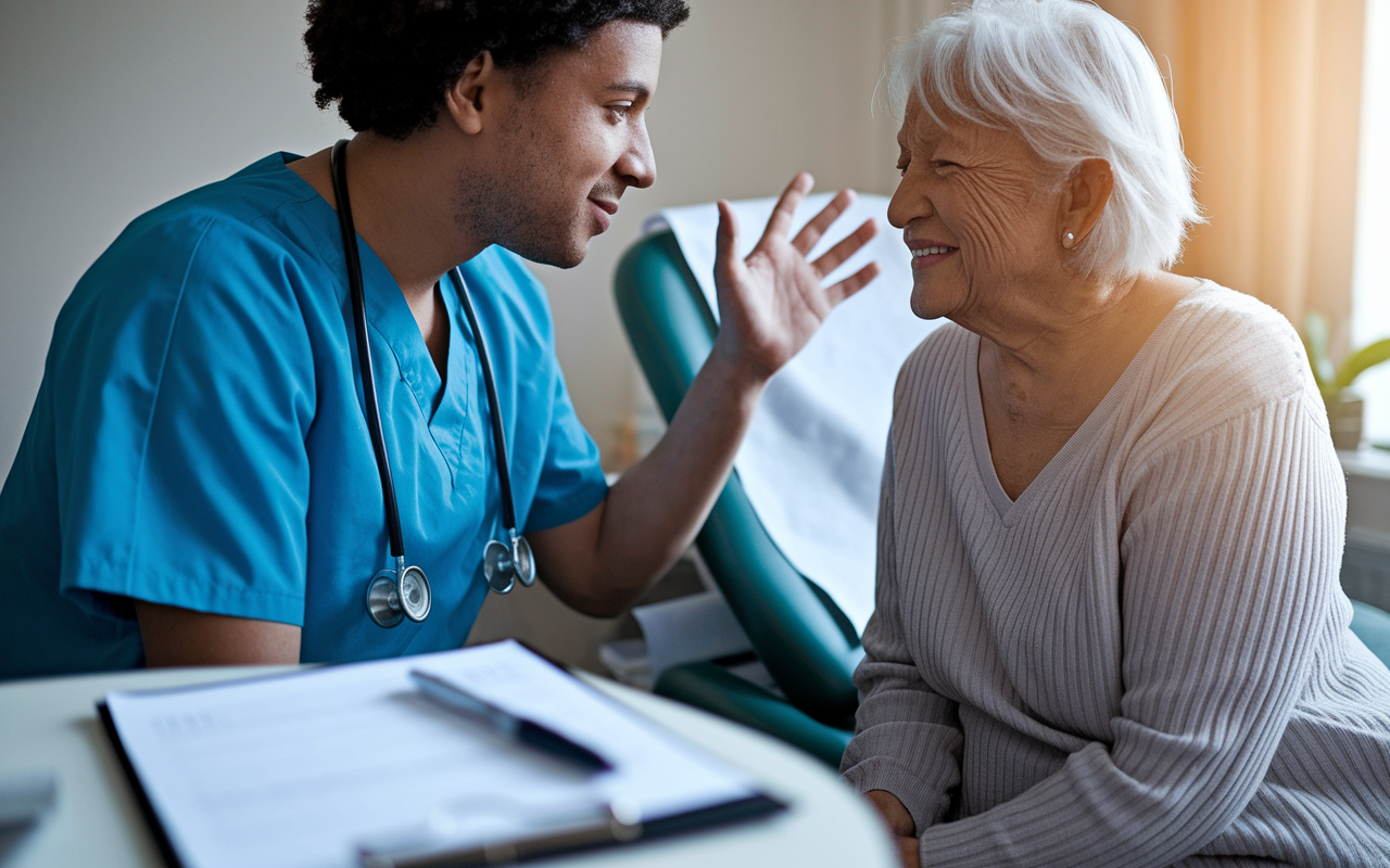 A close-up scene showing a medical resident in scrubs actively listening to an elderly patient on an examination table. The resident maintains eye contact and nods with an empathetic expression, while the patient looks relieved and engaged. A well-organized medical chart is visible in the foreground, and soft, warm lighting creates a sense of trust and care.