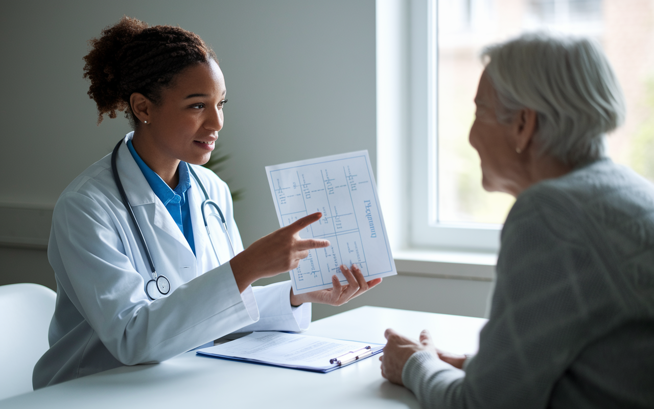 A medical resident seated across from a patient in a consultation room, using a simple diagram to explain treatment options for hypertension. The resident gestures towards the chart, employing clear and concise language, with a thoughtful expression. The patient, an older individual, looks attentive and relieved, highlighting the positive interaction. Bright, natural light filters through a nearby window, creating a calm and informative atmosphere.