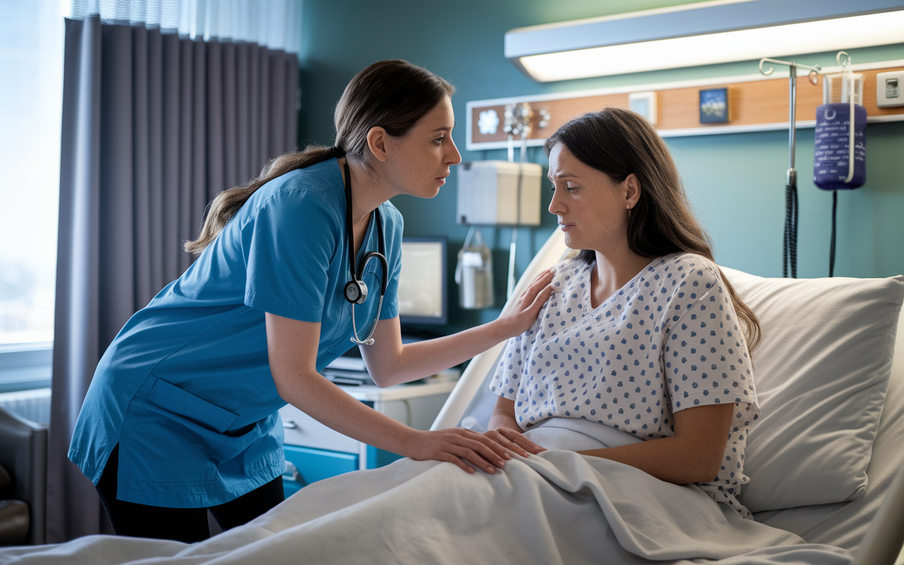 A compassionate scene where a young female resident comforts a distressed patient sitting on a hospital bed after receiving bad news. The resident leans in slightly, speaking softly with an understanding gaze, while the patient looks visibly upset. The hospital room is softly lit, filled with personal items that reflect the patient's journey, conveying a sense of emotional support and understanding.