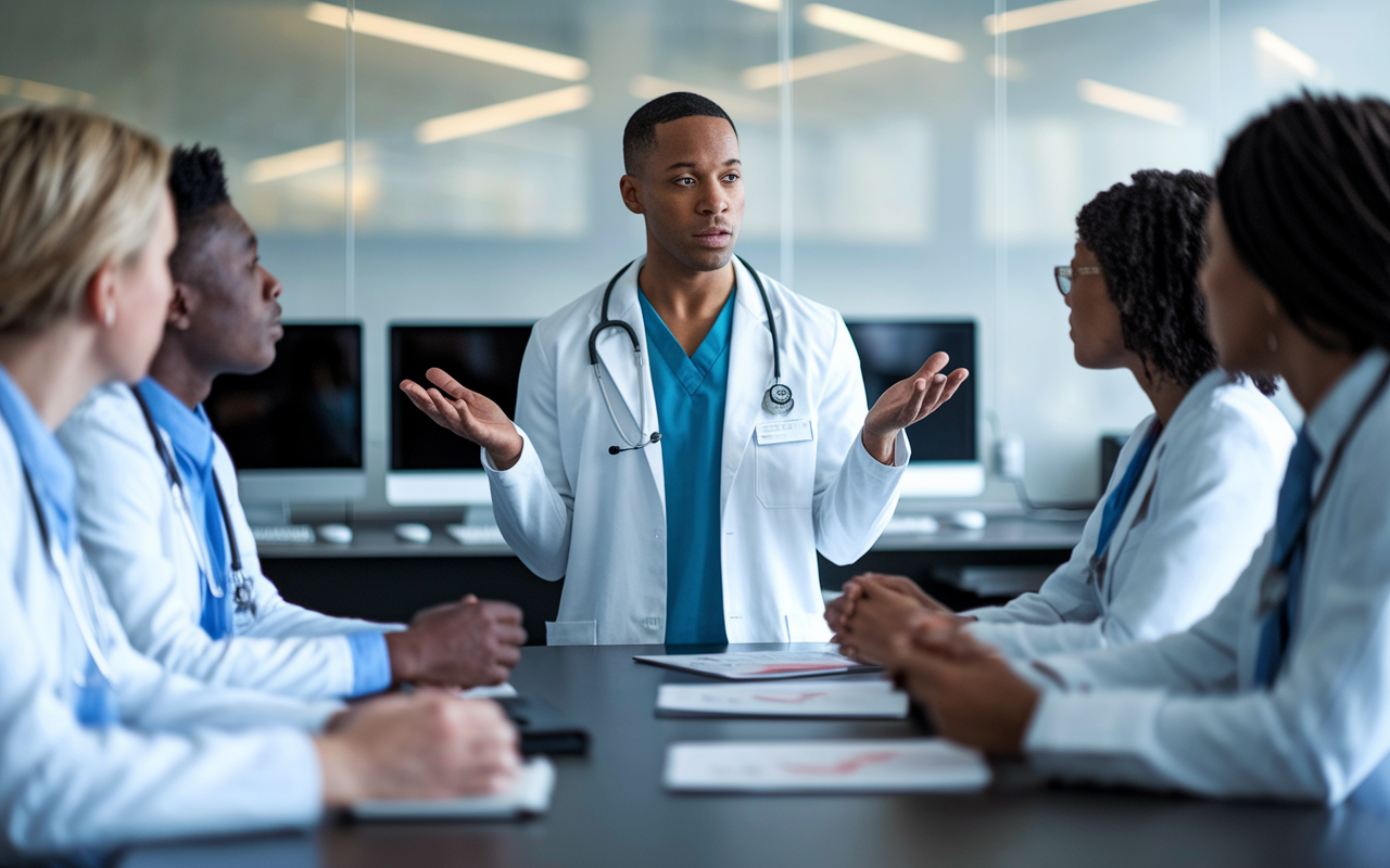 A medical resident is shown in a meeting room discussing a patient case with a group of colleagues, confidently expressing concerns about medication dosages using assertive body language. The setting is a well-lit modern conference room, with charts and computers. Colleagues listen attentively, showcasing a collaborative environment where assertiveness fosters open dialogue.