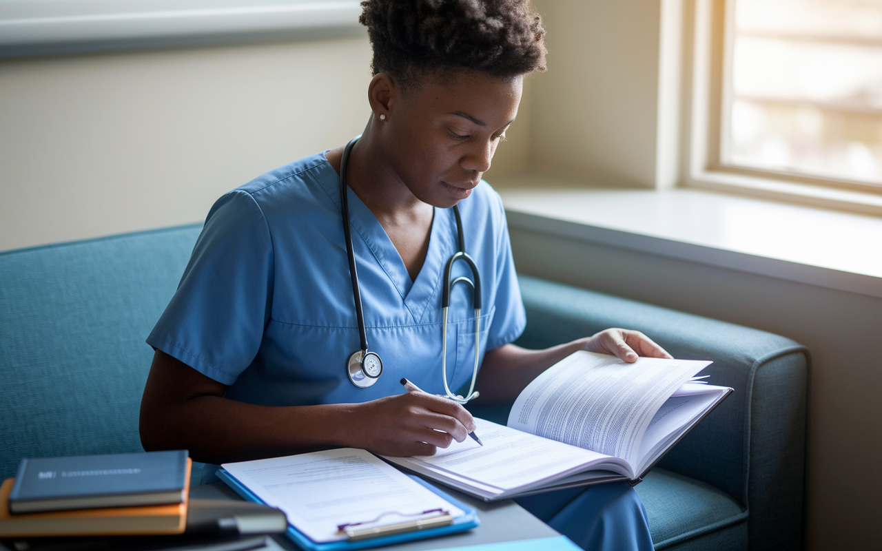 A thoughtful medical resident reviewing notes in a quiet corner of a hospital, preparing answers for common patient communication questions. The resident is surrounded by books and notes on effective communication skills, with a focused expression, highlighting the importance of ongoing learning. Soft natural light filters through a window, encouraging a sense of reflection and growth.