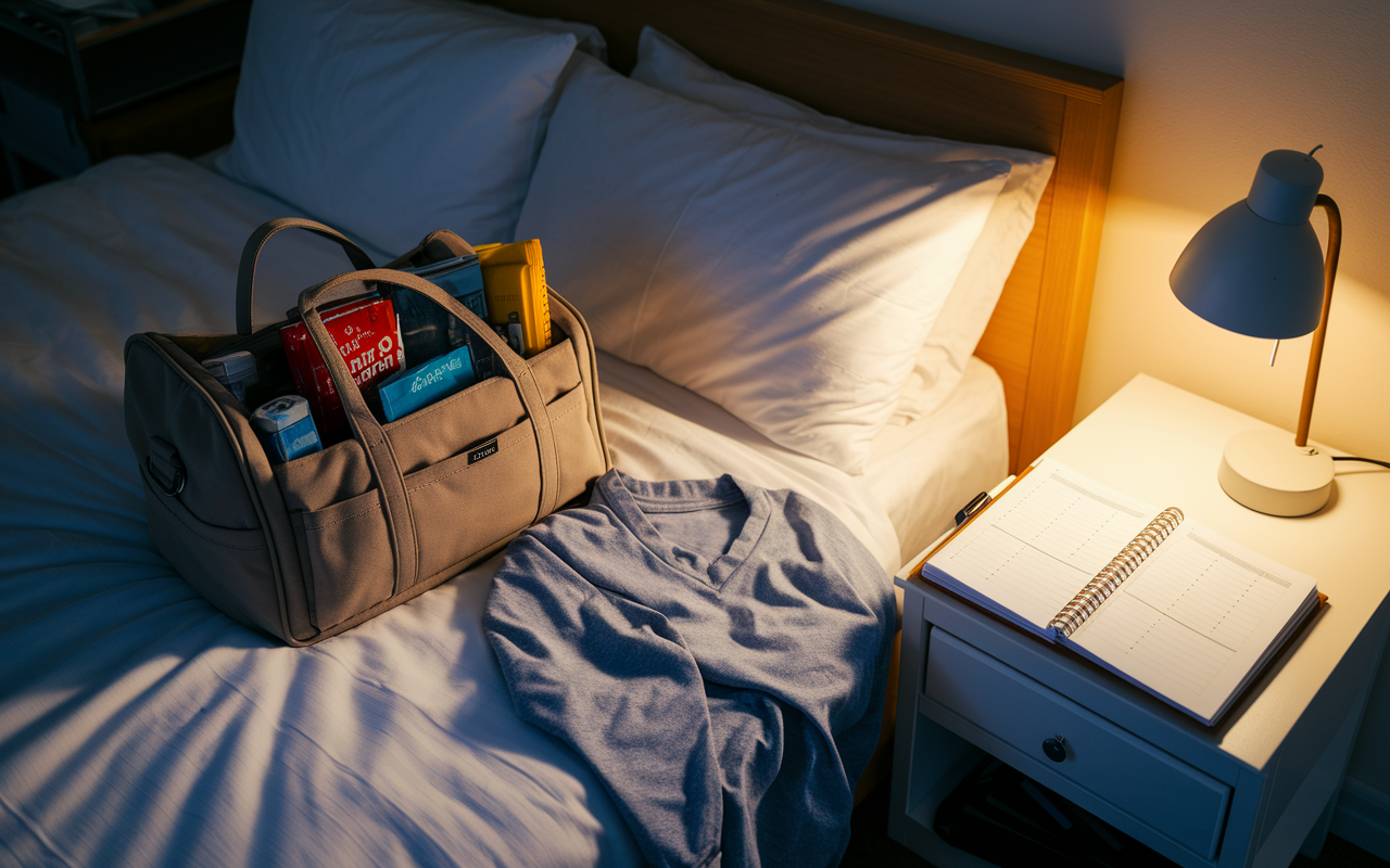 A tranquil bedroom environment at night, where a medical resident prepares for the next day. An outfit is laid out on the bed, next to a packed bag filled with clinical tools and snacks. The warm glow of a bedside lamp casts a reassuring light, with a planner open on the nightstand, showcasing a newly reviewed daily schedule, encapsulating the essence of thoughtful preparation.