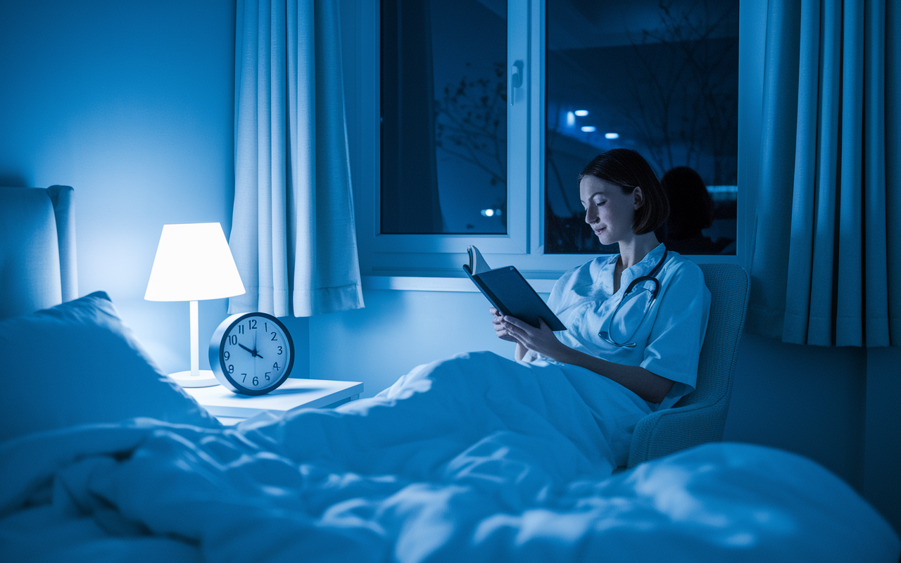 A serene bedroom scene with soft blue hues, where a medical resident engages in a relaxing nighttime routine. They are seen reading a book in a cozy chair by the window, with the curtains gently flowing in the night breeze. A bedside clock displays the time, suggesting a commitment to an early bedtime, creating a peaceful atmosphere conducive to restful sleep.