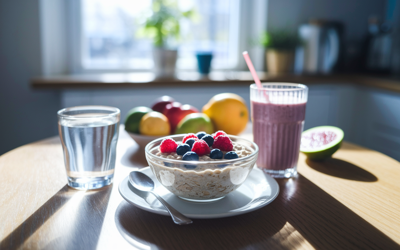 A vibrant kitchen table displaying a nutritious breakfast setup. A glass of water, a bowl of overnight oats topped with fresh berries, and a smoothie are beautifully arranged. Sunlight streams through the window, illuminating the lively colors of the fruits, emphasizing the importance of hydration and a balanced meal as the day begins.