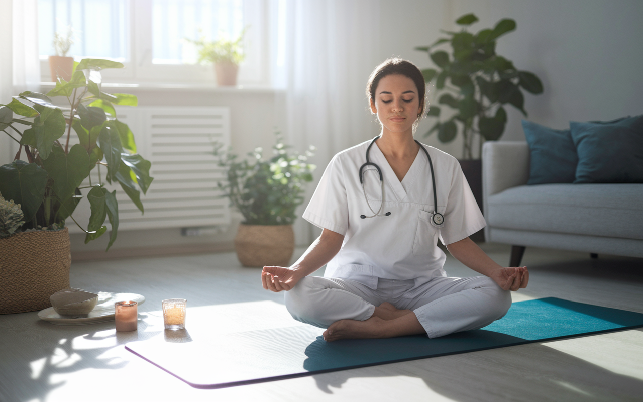 A serene, softly-lit living room where a medical resident is peacefully meditating on a yoga mat. Surrounding them are calming elements like indoor plants and a lightly scented candle, with sunlight filtering in through the window, emphasizing a moment of tranquility and focus amidst the challenges of daily life.