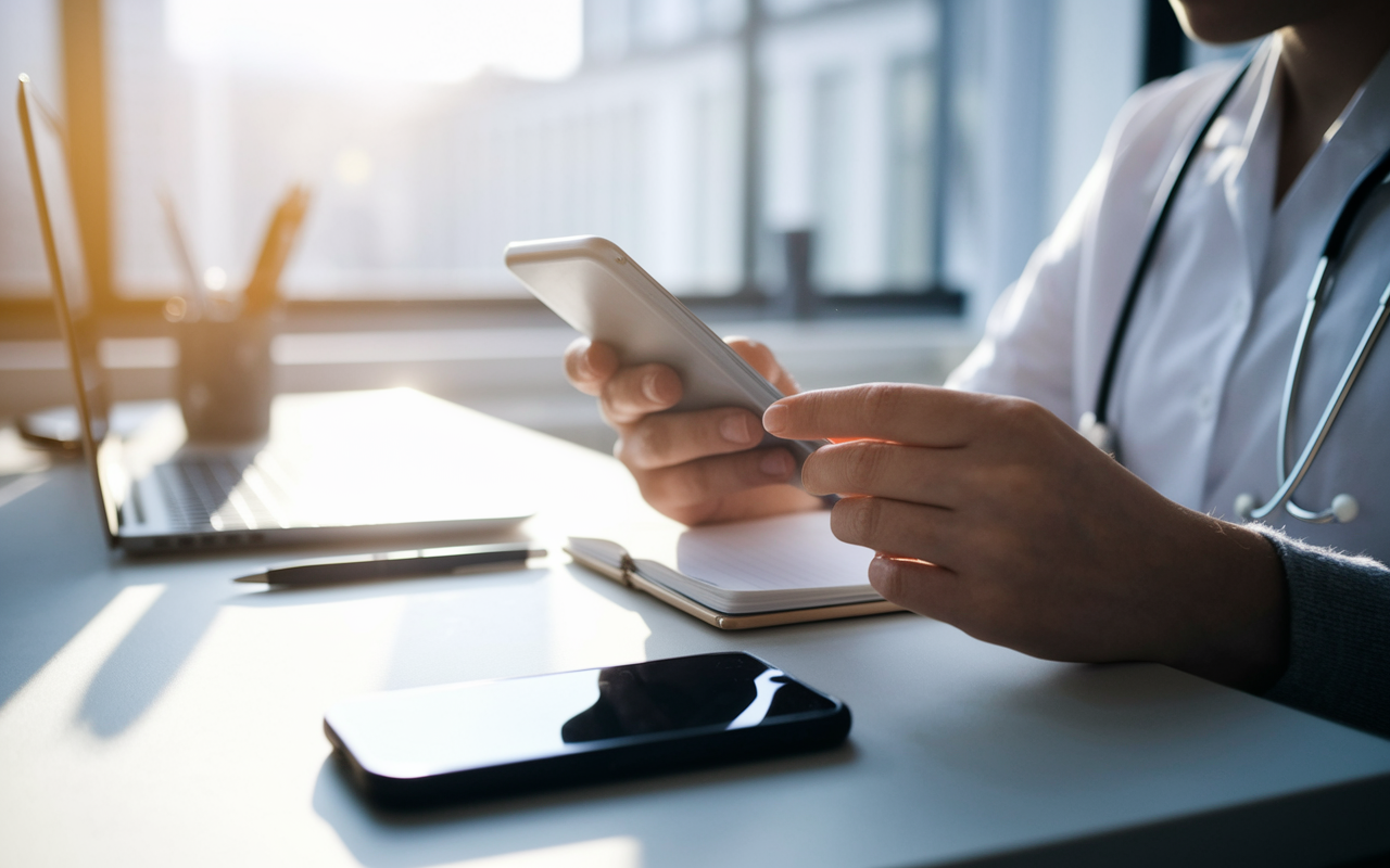 A minimalist workspace bathed in morning light, where a medical resident is preparing for the day ahead. A phone rests face-down to limit distractions, and essential items like a notebook and pen are neatly arranged. The atmosphere exudes calmness, emphasizing a productive start devoid of interruptions.