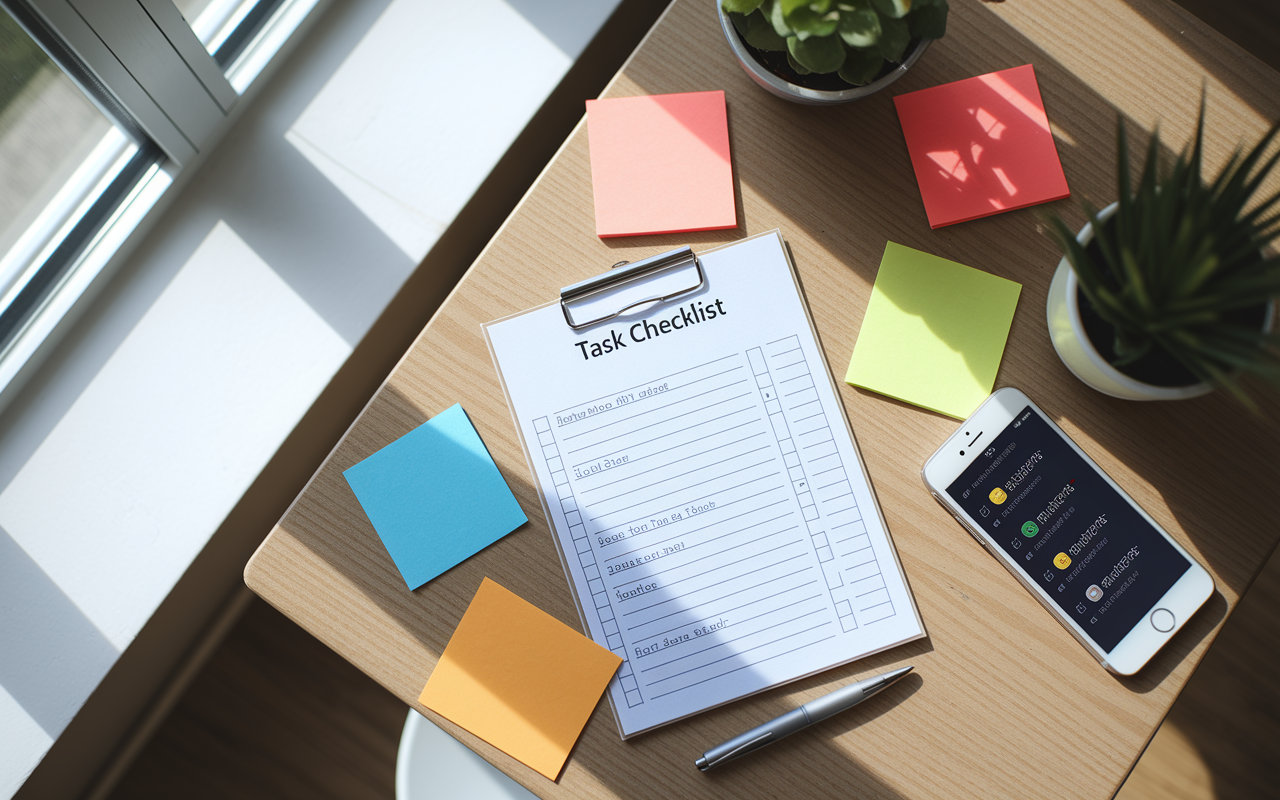 An overhead view of a daily task checklist for a medical resident, laid out on a wooden table. The checklist includes items neatly checked off. Surrounding the checklist are colorful sticky notes with reminders, a pen, and a smartphone with notifications visible. Natural light streams through a window, creating a bright and motivating atmosphere. This scene illustrates the organization and preparation necessary for a resident's daily duties.