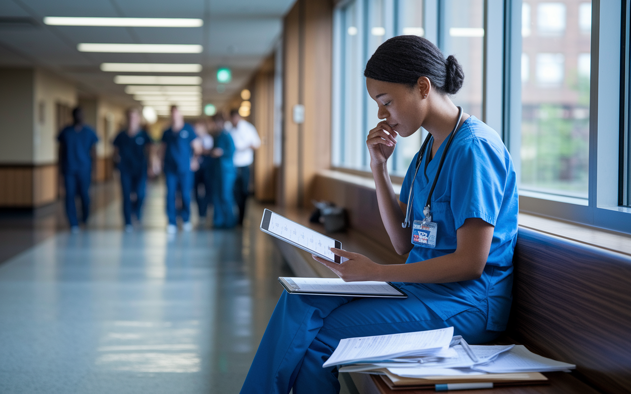 A pensive medical resident sitting on a hospital bench, reviewing a checklist on a tablet. The glow from a nearby window illuminates her face, which reflects a sense of contemplation. Scattered papers and books lie beside her, depicting a busy day. The hospital hallway is bustling with medical staff, emphasizing the fast-paced nature of residency. This scene captures the balance of reflection and action in a resident’s hectic life.