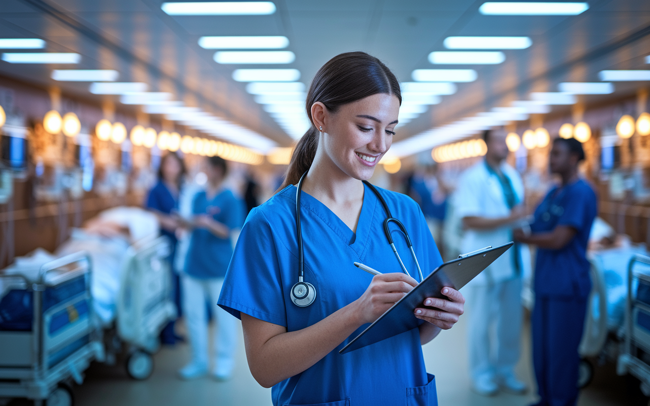 An image of Dr. Sarah, a young female doctor in scrubs, confidently checking off her patient care tasks on her clipboard in a busy hospital ward. The atmosphere is vibrant, with nurses and patients in the background, showcasing the dynamic nature of her environment. Warm overhead lights enhance the sense of productivity and achievement as she smiles with satisfaction after completing a task. This image embodies resilience and the impact of effective organization in residency.