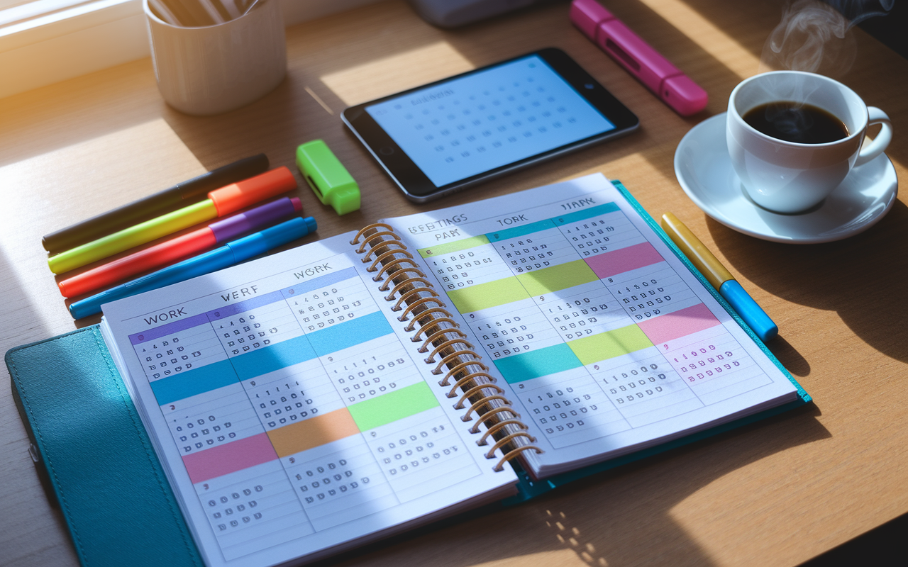 An open planner on a wooden desk, filled with colorful entries of work shifts, meetings, and personal activities. The planner is surrounded by pens, highlighters, and a digital device displaying a calendar app. Sunlight filters through the window, casting a warm glow, highlighting various colored sections that represent a structured approach to time management. A steaming cup of coffee rests beside the planner, symbolizing energy and focus.