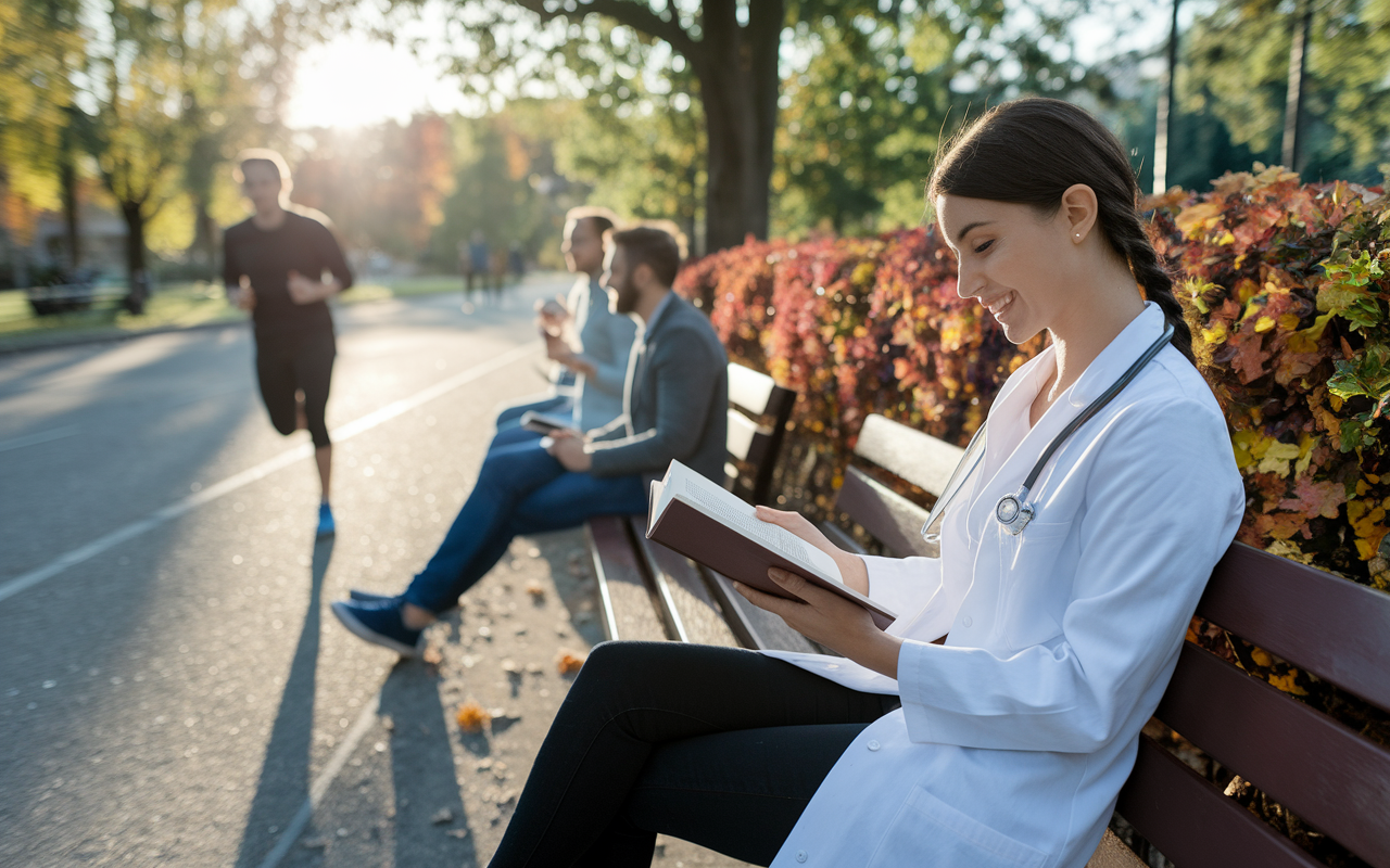 A serene park scene depicting a medical resident on a bench, a young woman of Hispanic descent reading a book with a peaceful smile while surrounded by autumn foliage. The sun sets in the background, casting warm tones over the scene, evoking a sense of tranquility and relaxation. Nearby, a couple enjoys a picnic, and a jogger passes by, emphasizing the contrast between the active and calm moments in a resident's life.