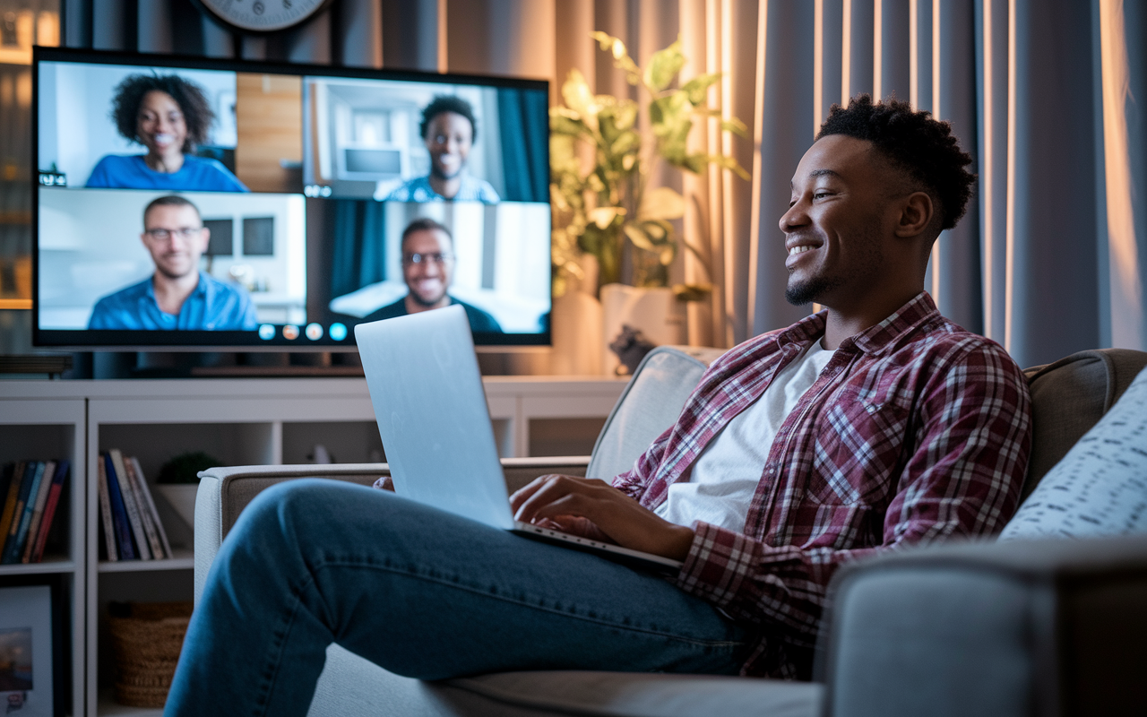 A cozy living room setting where a resident, a young Black male in casual home attire, is sitting on a couch with a laptop closed, enjoying a video call with family members on a large screen. Soft evening light filters through the curtains, creating a warm atmosphere. The surrounding decor includes personal touches reflecting a life outside of medicine, showcasing pictures of friends and hobbies. A visible clock hints at the importance of time management, emphasizing the balance between work and family.