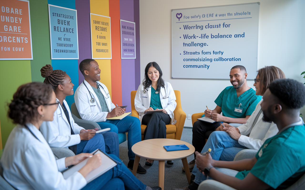 A supportive group of medical residents of diverse backgrounds gathering in a well-lit, modern conference room, engaged in conversation and sharing experiences. The atmosphere is vibrant with motivational posters on the walls. One resident, a South Asian woman, takes notes, while others relax and laugh, showcasing the camaraderie and importance of unity amidst the residency challenge. A whiteboard in the background lists strategies for work-life balance, emphasizing collaboration and community.