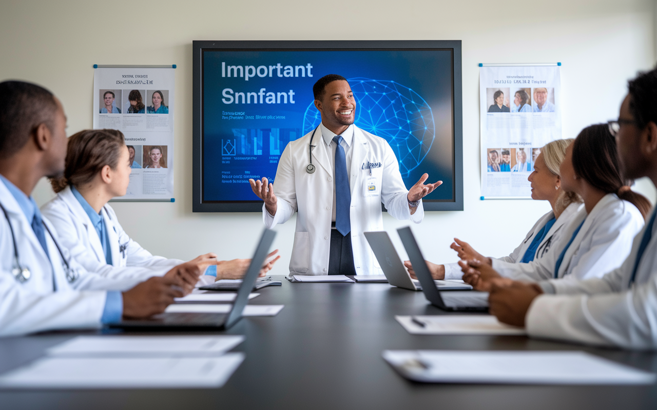 A confident Chief Resident in a white coat leading a meeting with fellow residents in a brightly lit conference room. Papers and laptops are spread out on a large table, while a large digital screen displays an important presentation. The Chief Resident appears passionate and engaged, inspiring others with hand gestures and eye contact. The room, decorated with medical charts and inspirational posters, radiates a sense of leadership and collaboration.