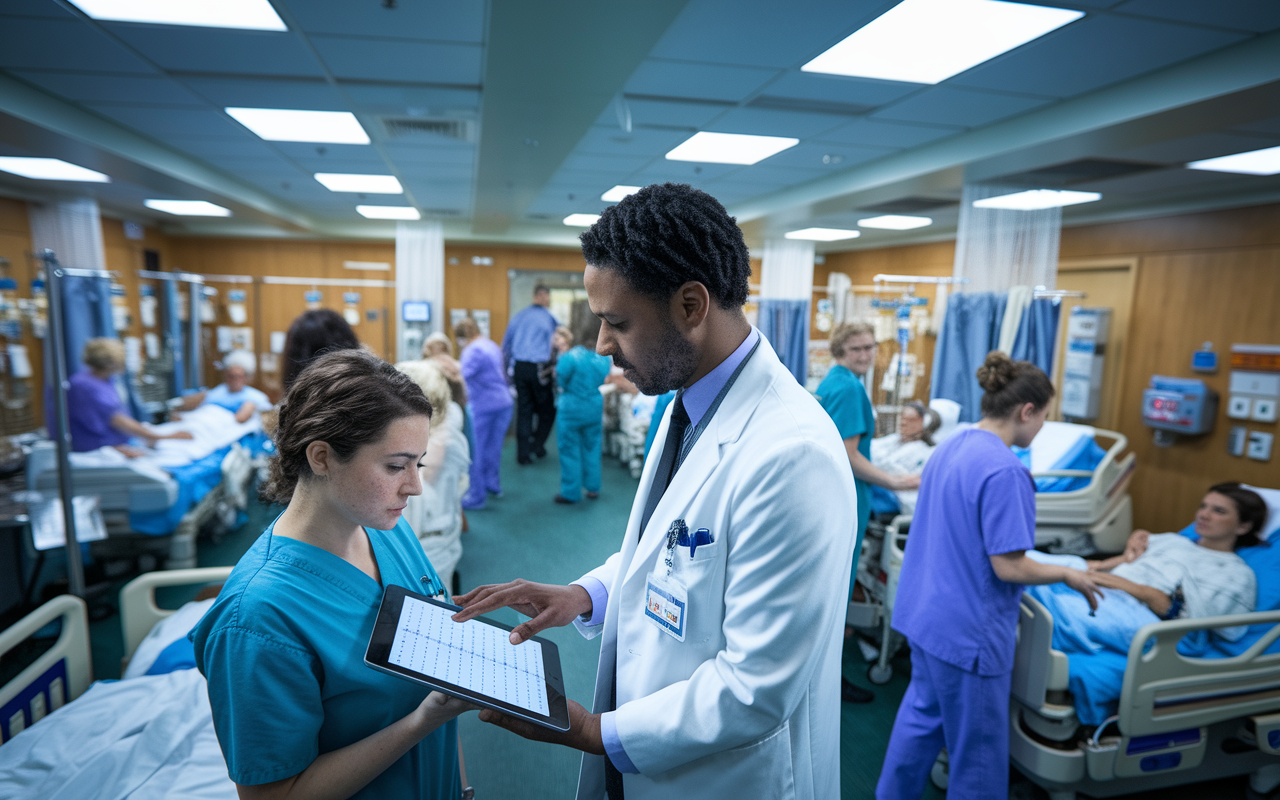 A Chief Resident in a bustling hospital ward overseeing patient care while managing a scheduling app on their tablet. The setting showcases a mix of patients, nursing staff, and medical interns actively working together. Bright overhead lights highlight the intense environment. The Chief Resident is interacting with a nurse as they discuss patient care strategies, demonstrating organizational skills amidst the demands of a busy hospital.