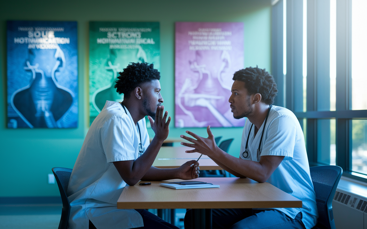 An intense yet respectful discussion between two medical residents in a hospital break room. One resident gestures while the other listens intently, showing active engagement. The room is bathed in soft light from a nearby window, and the walls are adorned with motivational medical-themed artwork. The tension is palpable, but their expressions convey a commitment to resolving the issue amicably, illustrating strong communication skills.