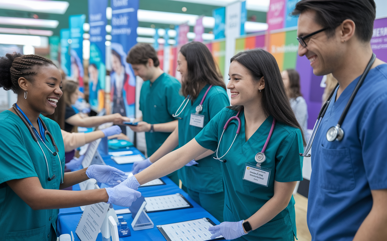 A group of enthusiastic medical residents volunteering in a community health fair, actively engaging with the public and offering free health screenings. The setting is filled with colorful booths and banners. The residents, in their scrubs, exhibit cheerful expressions as they work together to promote health awareness, showcasing their commitment to leadership and community service.