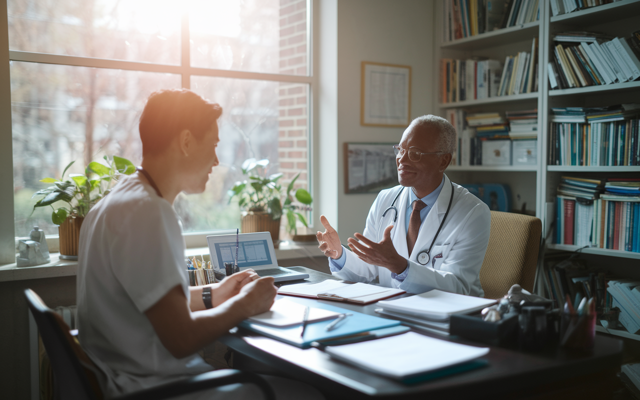 A medical resident having a one-on-one meeting with a faculty mentor in a cozy office filled with medical books and research papers. The mentor, an experienced physician, is speaking with a warm and encouraging demeanor, while the resident listens attentively and takes notes. Sunlight streams through the window, creating a nurturing and supportive atmosphere that fosters relationship-building.