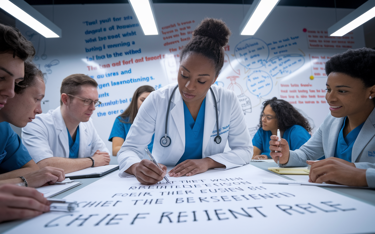 A focused medical resident writing down their vision for the Chief Resident role on a whiteboard in a collaborative workspace. The room is filled with inspirational quotes and collaborative drawings from peers. Bright, artificial lights create a lively working atmosphere. The resident, looking determined, is surrounded by other residents contributing ideas, displaying teamwork and vision development.