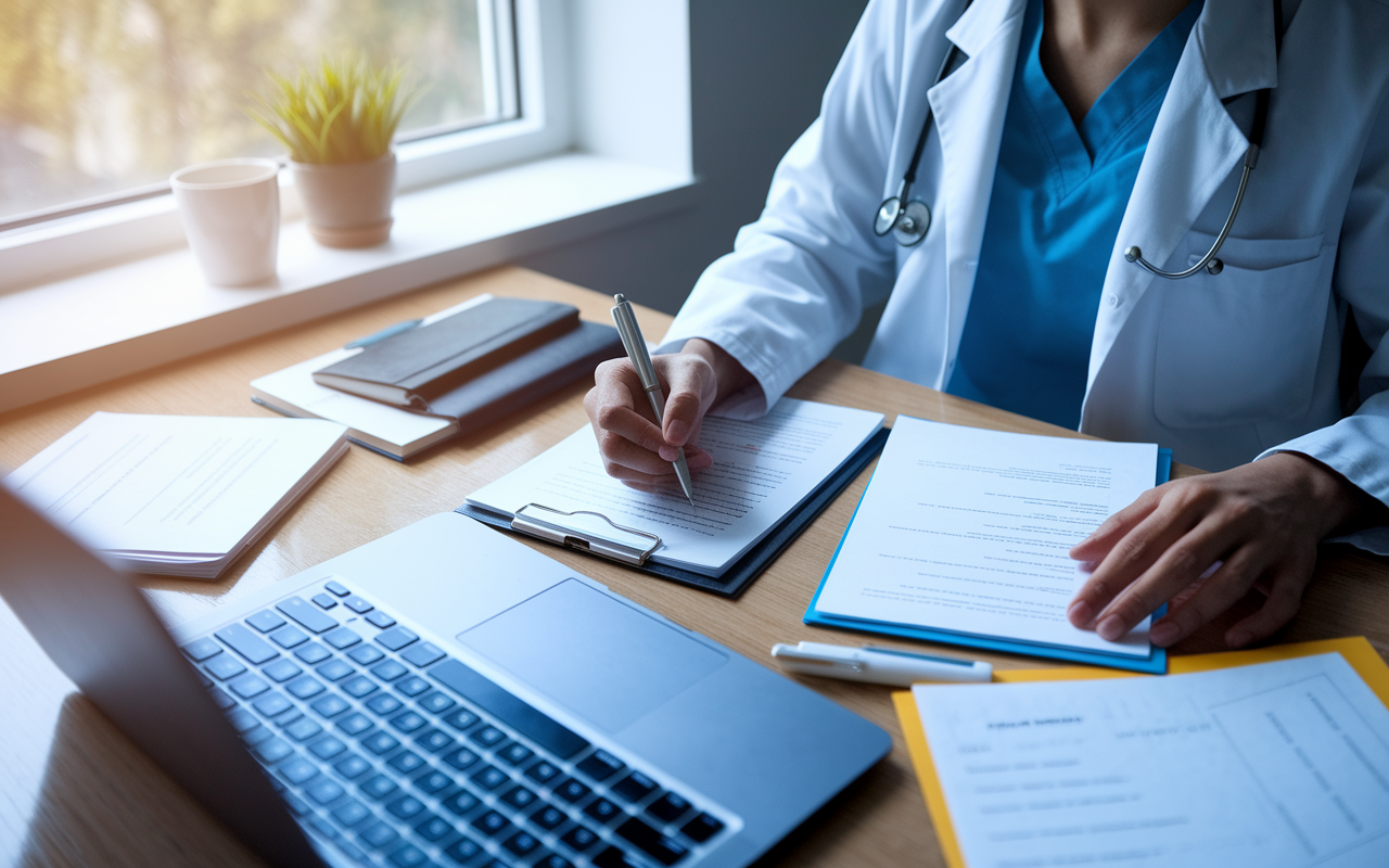 A determined medical resident seated at a desk filled with application materials and a laptop, deeply focused on crafting their personal statement for the Chief Resident application. Notes and drafts are scattered around, showcasing a diligent process. Natural light from a window illuminates the workspace, reflecting the resident's commitment and hard work towards their future role.