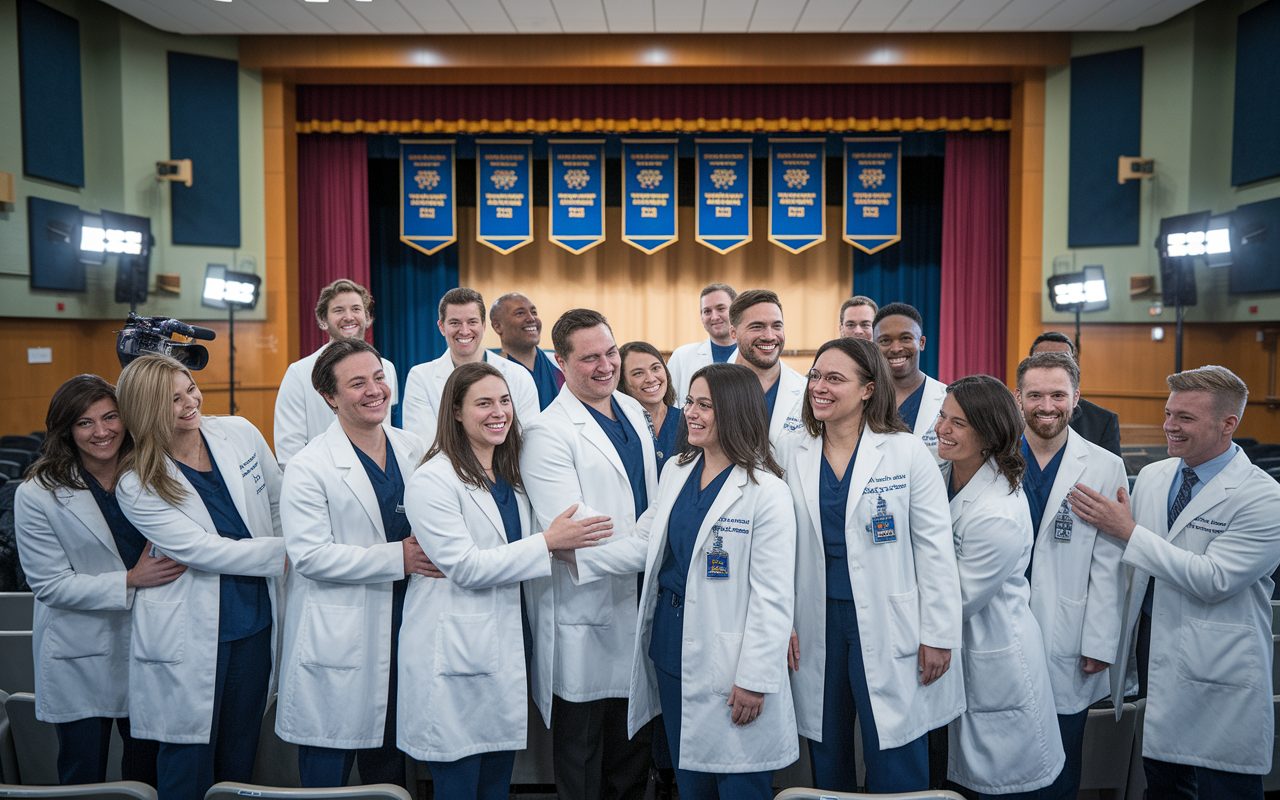 A joyful group of newly appointed Chief Residents gathered in a hospital auditorium, standing proudly in their white coats. They are smiling, congratulating each other with handshakes and hugs. Flashing cameras capture their special moment of achievement. The room is decorated with banners celebrating their success, exuding a vibrant and hopeful atmosphere as they step into their new roles.