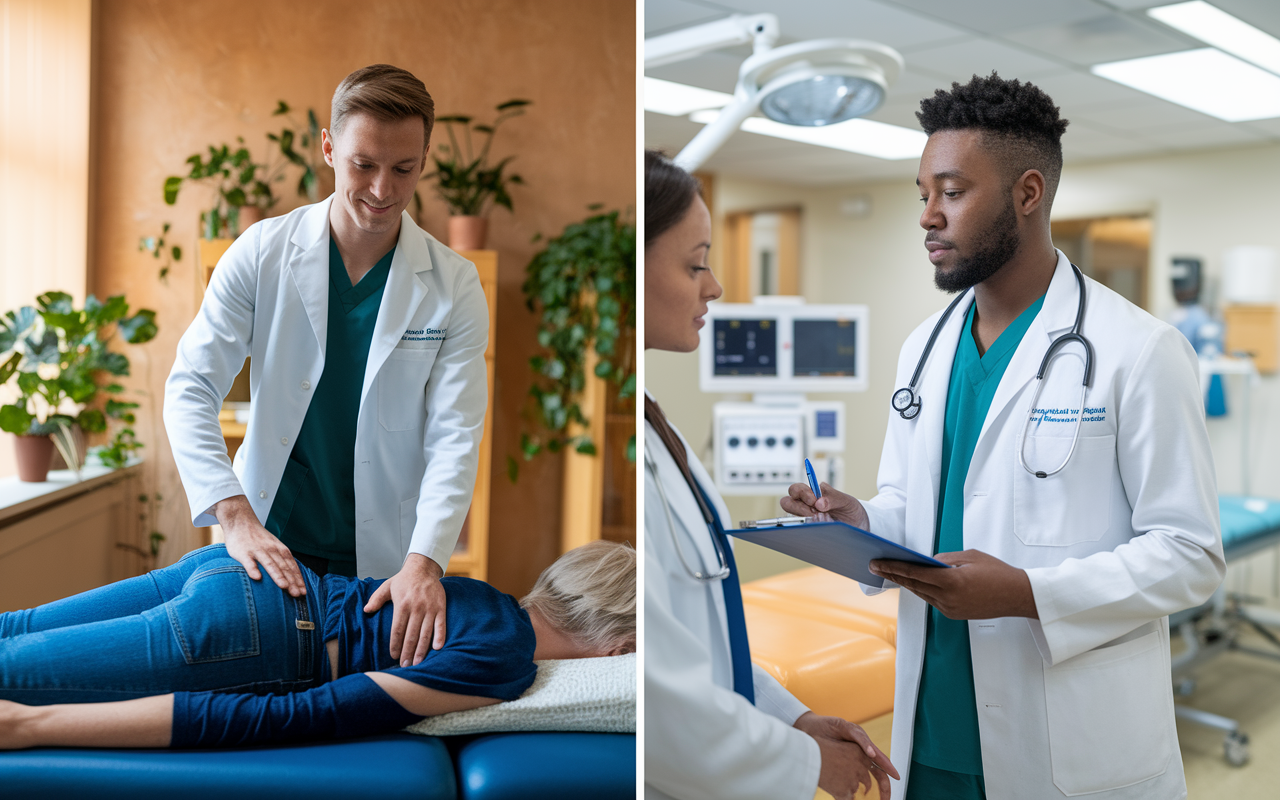 Two medical students, a DO and an MD, interacting with patients in a clinical setting. The DO student is using OMT techniques on a patient with a backache in a warm, inviting office filled with plants and calming colors. The MD student is consulting a patient with a diagnostic chart on a clinical clipboard, surrounded by high-tech medical equipment and a bright, sterile environment, showcasing their different approaches to patient care.