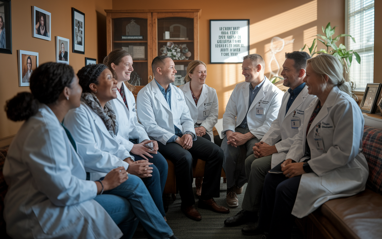 A group of DO medical professionals in white coats gathered in a cozy break room, laughing and sharing experiences. The space has a warm atmosphere, with personal touches like photographs and motivational quotes on the walls. Light from a window casts a soft glow, highlighting the sense of community and support among the DOs.