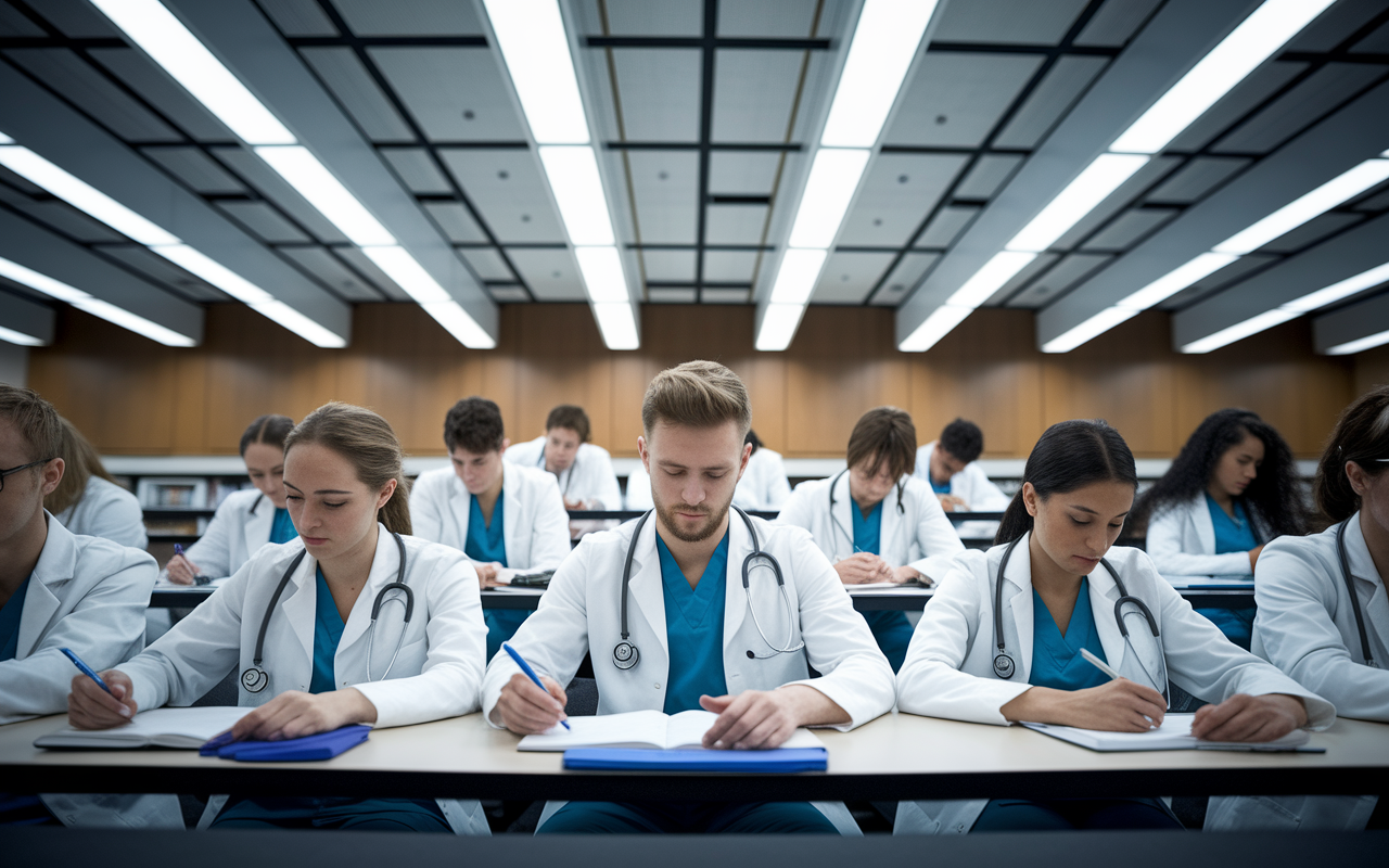 A group of MD medical students sitting in a lecture hall, engaged in high-intensity discussions under bright fluorescent lights. The atmosphere is focused and competitive, with students surrounded by medical textbooks and technology. Show a sense of stress and determination on their faces, representing the rigorous training path they are on.