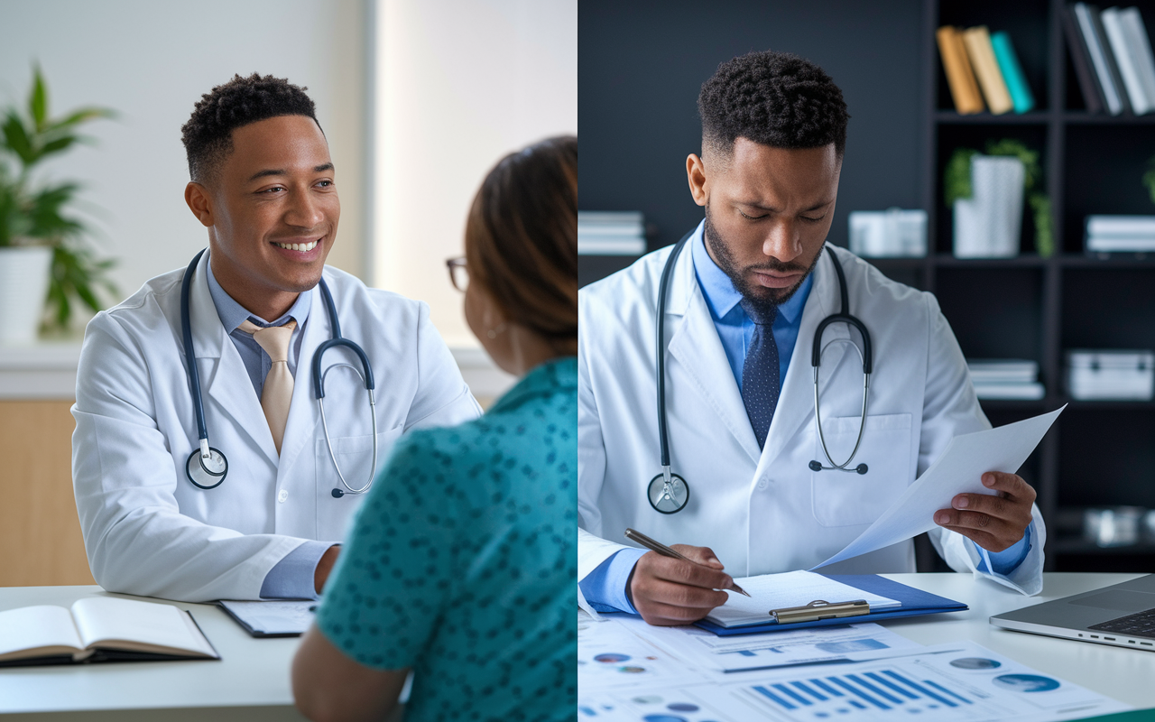 A split-screen visualization depicting two medical professionals: a DO sitting calmly with a patient, engaged in a friendly conversation, versus an MD surrounded by charts and paperwork, looking stressed and overworked. The background contrasts well-being and stress, showcasing the varied paths of each profession.